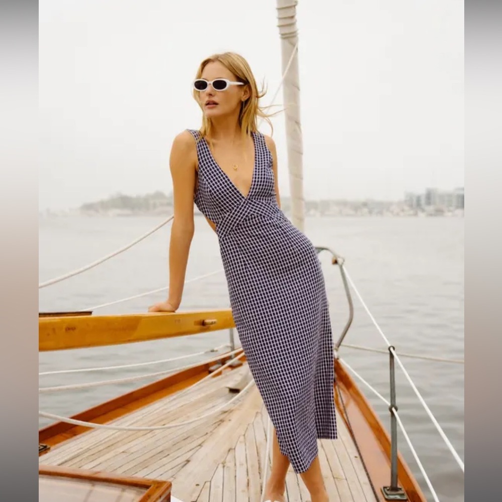 Charming Inspiration Navy Blue Gingham Backless Midi Dress
